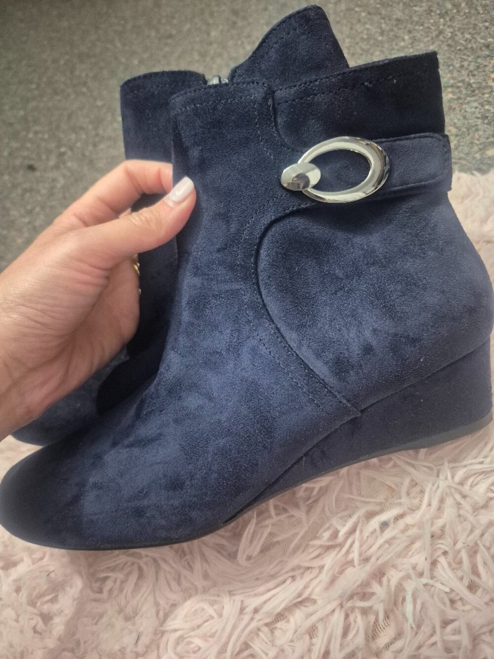 IMPO Espie Navy Blue Buckle Wedge Booties 8.5M